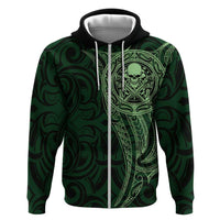 New Zealand Skull Darts Zip Hoodie Aotearoa Maori Chest Tattoo Stylized Green LT14 Zip Hoodie Green - Polynesian Pride