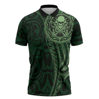 New Zealand Skull Darts Zipper Polo Shirt Aotearoa Maori Chest Tattoo Stylized Green LT14 Green - Polynesian Pride