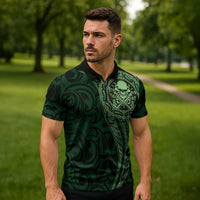 New Zealand Skull Darts Zipper Polo Shirt Aotearoa Maori Chest Tattoo Stylized Green LT14 - Polynesian Pride