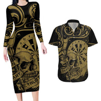 New Zealand Darts Couples Matching Long Sleeve Bodycon Dress and Hawaiian Shirt Skull In Dart We Trust Maori Pattern LT14 Gold - Polynesian Pride