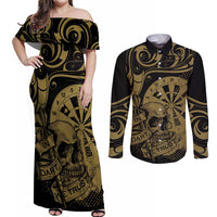 New Zealand Darts Couples Matching Off Shoulder Maxi Dress and Long Sleeve Button Shirt Skull In Dart We Trust Maori Pattern LT14 Gold - Polynesian Pride