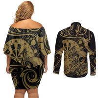 New Zealand Darts Couples Matching Off Shoulder Short Dress and Long Sleeve Button Shirt Skull In Dart We Trust Maori Pattern LT14 - Polynesian Pride