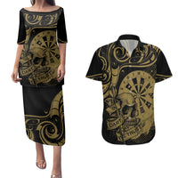 New Zealand Darts Couples Matching Puletasi and Hawaiian Shirt Skull In Dart We Trust Maori Pattern LT14 Gold - Polynesian Pride
