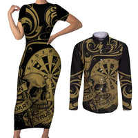 New Zealand Darts Couples Matching Short Sleeve Bodycon Dress and Long Sleeve Button Shirt Skull In Dart We Trust Maori Pattern LT14 Gold - Polynesian Pride