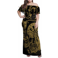 New Zealand Darts Family Matching Off Shoulder Maxi Dress and Hawaiian Shirt Skull In Dart We Trust Maori Pattern LT14 Mom's Dress Gold - Polynesian Pride