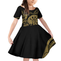 New Zealand Darts Family Matching Off Shoulder Short Dress and Hawaiian Shirt Skull In Dart We Trust Maori Pattern LT14 Daughter's Dress Gold - Polynesian Pride
