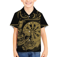 New Zealand Darts Family Matching Off Shoulder Short Dress and Hawaiian Shirt Skull In Dart We Trust Maori Pattern LT14 Son's Shirt Gold - Polynesian Pride