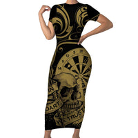 New Zealand Darts Family Matching Short Sleeve Bodycon Dress and Hawaiian Shirt Skull In Dart We Trust Maori Pattern LT14 Mom's Dress Gold - Polynesian Pride