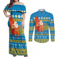 Tuvalu Christmas Couples Matching Off Shoulder Maxi Dress and Long Sleeve Button Shirt Cute Santa Manuia te Kilisimasi LT14 Blue - Polynesian Pride