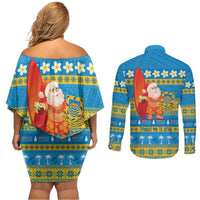 Tuvalu Christmas Couples Matching Off Shoulder Short Dress and Long Sleeve Button Shirt Cute Santa Manuia te Kilisimasi LT14 - Polynesian Pride