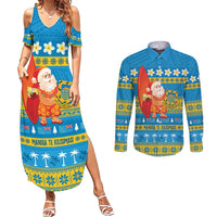 Tuvalu Christmas Couples Matching Summer Maxi Dress and Long Sleeve Button Shirt Cute Santa Manuia te Kilisimasi LT14 Blue - Polynesian Pride