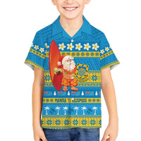 Tuvalu Christmas Family Matching Off Shoulder Maxi Dress and Hawaiian Shirt Cute Santa Manuia te Kilisimasi LT14 Son's Shirt Blue - Polynesian Pride