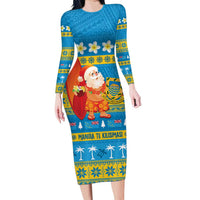 Tuvalu Christmas Long Sleeve Bodycon Dress Cute Santa Manuia te Kilisimasi LT14 Long Dress Blue - Polynesian Pride