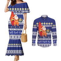 Nauru Christmas Couples Matching Mermaid Dress and Long Sleeve Button Shirt Cute Santa Coat Of Arms Merry Xmas LT14 Navy Blue - Polynesian Pride