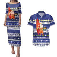 Nauru Christmas Couples Matching Puletasi and Hawaiian Shirt Cute Santa Coat Of Arms Merry Xmas LT14 Navy Blue - Polynesian Pride