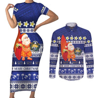 Nauru Christmas Couples Matching Short Sleeve Bodycon Dress and Long Sleeve Button Shirt Cute Santa Coat Of Arms Merry Xmas LT14 Navy Blue - Polynesian Pride