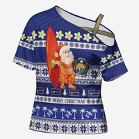 Nauru Christmas Cross Shoulder Shirt Cute Santa Coat Of Arms Merry Xmas LT14 Female Navy Blue - Polynesian Pride