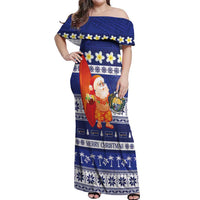 Nauru Christmas Off Shoulder Maxi Dress Cute Santa Coat Of Arms Merry Xmas LT14 Women Navy Blue - Polynesian Pride