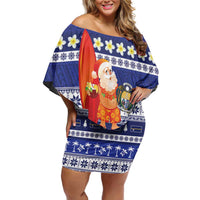 Nauru Christmas Off Shoulder Short Dress Cute Santa Coat Of Arms Merry Xmas LT14 Women Navy Blue - Polynesian Pride