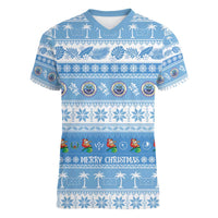 FSM Christmas Women V-Neck T-Shirt Merry Xmas Federated States of Micronesia LT14 Female Blue - Polynesian Pride