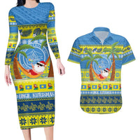 Palau Christmas Couples Matching Long Sleeve Bodycon Dress and Hawaiian Shirt Chilling Santa Ungil Kurismas LT14 Yellow - Polynesian Pride