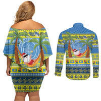 Palau Christmas Couples Matching Off Shoulder Short Dress and Long Sleeve Button Shirt Chilling Santa Ungil Kurismas LT14 - Polynesian Pride