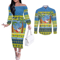 Palau Christmas Couples Matching Off The Shoulder Long Sleeve Dress and Long Sleeve Button Shirt Chilling Santa Ungil Kurismas LT14 Yellow - Polynesian Pride