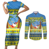 Palau Christmas Couples Matching Short Sleeve Bodycon Dress and Long Sleeve Button Shirt Chilling Santa Ungil Kurismas LT14 Yellow - Polynesian Pride
