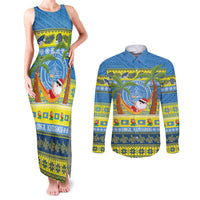 Palau Christmas Couples Matching Tank Maxi Dress and Long Sleeve Button Shirt Chilling Santa Ungil Kurismas LT14 Yellow - Polynesian Pride