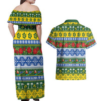 Solomon Islands Christmas Couples Matching Off Shoulder Maxi Dress and Hawaiian Shirt The Solomons Melanesian Meri Krismas LT14 - Polynesian Pride