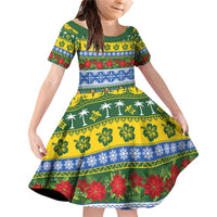 Solomon Islands Christmas Family Matching Off Shoulder Short Dress and Hawaiian Shirt The Solomons Melanesian Meri Krismas LT14 Daughter's Dress Green - Polynesian Pride