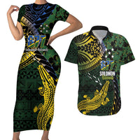 Solomon Islands Couples Matching Short Sleeve Bodycon Dress and Hawaiian Shirt 677 Proud Crocodile Melanesian Pattern LT14 Black - Polynesian Pride