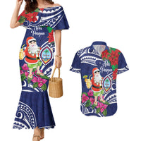 Guam Christmas Couples Matching Mermaid Dress and Hawaiian Shirt Poinsettia With Bougainvillea - Felis Pasgua! LT14 Blue - Polynesian Pride