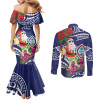 Guam Christmas Couples Matching Mermaid Dress and Long Sleeve Button Shirt Poinsettia With Bougainvillea - Felis Pasgua! LT14 - Polynesian Pride