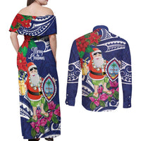 Guam Christmas Couples Matching Off Shoulder Maxi Dress and Long Sleeve Button Shirt Poinsettia With Bougainvillea - Felis Pasgua! LT14 - Polynesian Pride