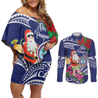 Guam Christmas Couples Matching Off Shoulder Short Dress and Long Sleeve Button Shirt Poinsettia With Bougainvillea - Felis Pasgua! LT14 Blue - Polynesian Pride