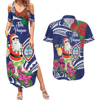 Guam Christmas Couples Matching Summer Maxi Dress and Hawaiian Shirt Poinsettia With Bougainvillea - Felis Pasgua! LT14 Blue - Polynesian Pride