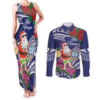 Guam Christmas Couples Matching Tank Maxi Dress and Long Sleeve Button Shirt Poinsettia With Bougainvillea - Felis Pasgua! LT14 Blue - Polynesian Pride