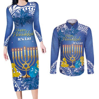 Personalised Hanukkah Jewish Festival Couples Matching Long Sleeve Bodycon Dress and Long Sleeve Button Shirt It's Lit - Polynesian Pattern LT14 Blue - Polynesian Pride