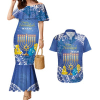 Personalised Hanukkah Jewish Festival Couples Matching Mermaid Dress and Hawaiian Shirt It's Lit - Polynesian Pattern LT14 Blue - Polynesian Pride