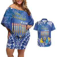 Personalised Hanukkah Jewish Festival Couples Matching Off Shoulder Short Dress and Hawaiian Shirt It's Lit - Polynesian Pattern LT14 Blue - Polynesian Pride