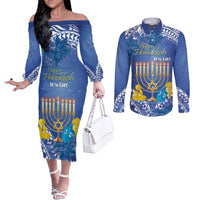 Personalised Hanukkah Jewish Festival Couples Matching Off The Shoulder Long Sleeve Dress and Long Sleeve Button Shirt It's Lit - Polynesian Pattern LT14 Blue - Polynesian Pride