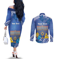 Personalised Hanukkah Jewish Festival Couples Matching Off The Shoulder Long Sleeve Dress and Long Sleeve Button Shirt It's Lit - Polynesian Pattern LT14 - Polynesian Pride