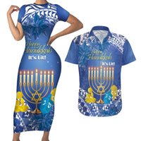 Personalised Hanukkah Jewish Festival Couples Matching Short Sleeve Bodycon Dress and Hawaiian Shirt It's Lit - Polynesian Pattern LT14 Blue - Polynesian Pride