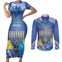 Personalised Hanukkah Jewish Festival Couples Matching Short Sleeve Bodycon Dress and Long Sleeve Button Shirt It's Lit - Polynesian Pattern LT14 Blue - Polynesian Pride