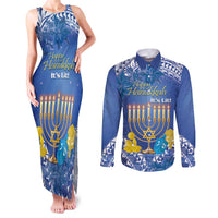 Personalised Hanukkah Jewish Festival Couples Matching Tank Maxi Dress and Long Sleeve Button Shirt It's Lit - Polynesian Pattern LT14 Blue - Polynesian Pride