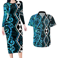 Turquoise Aotearoa Couples Matching Long Sleeve Bodycon Dress and Hawaiian Shirt Taniko Motifs With Paua Shell Kowhaiwhai LT14 Turquoise - Polynesian Pride
