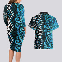 Turquoise Aotearoa Couples Matching Long Sleeve Bodycon Dress and Hawaiian Shirt Taniko Motifs With Paua Shell Kowhaiwhai LT14 - Polynesian Pride