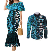 Turquoise Aotearoa Couples Matching Mermaid Dress and Long Sleeve Button Shirt Taniko Motifs With Paua Shell Kowhaiwhai LT14 Turquoise - Polynesian Pride