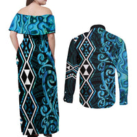 Turquoise Aotearoa Couples Matching Off Shoulder Maxi Dress and Long Sleeve Button Shirt Taniko Motifs With Paua Shell Kowhaiwhai LT14 - Polynesian Pride